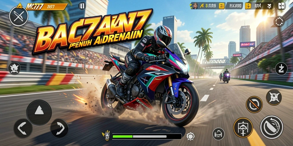 Screenshot gameplay MC777 menampilkan balapan motor yang seru dan menegangkan.