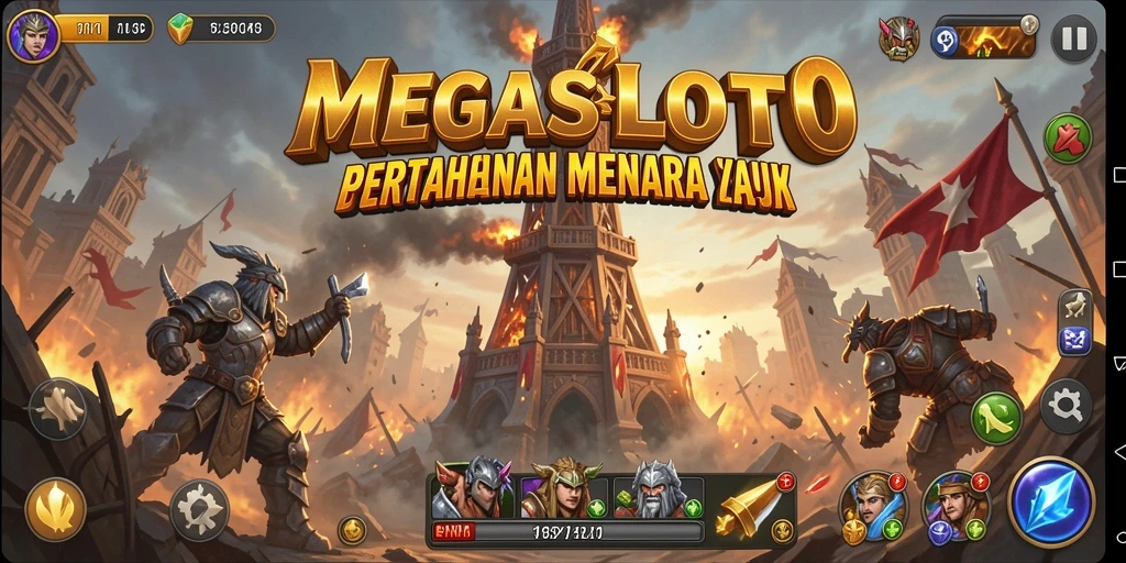 Tampilan gameplay menakjubkan dalam MEGASLOTO dengan menara yang siap bertempur.