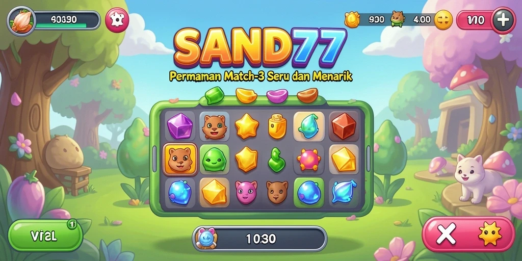 Screenshot gameplay SAND77 yang menampilkan aksi mencocokkan item.
